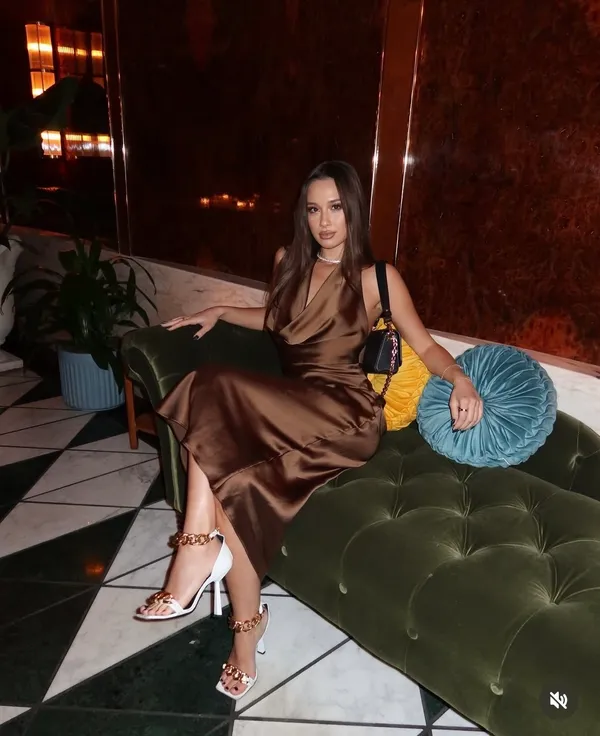 Zara dress gown maxi halter scarf satin plunge neck Brown Evening Wedding - Image 2