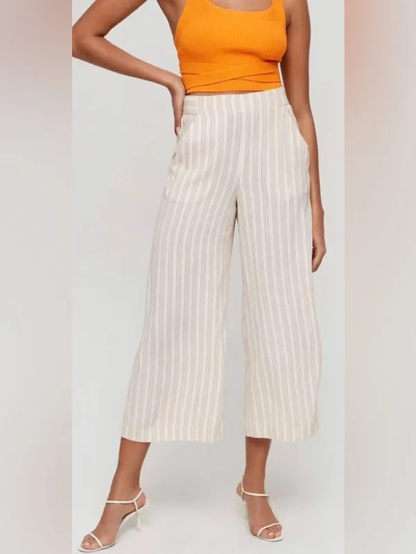 Aritzia Wilfred Fawn Wide Leg High Rise Tie Back Pants Cream Pinstripe - Image 2