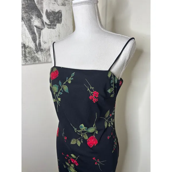 VTG 90s Arianna by Rachel Kaye Black Rose Maxi Dress Whimsygoth Column Slip 4P - Image 2