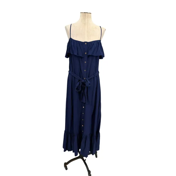 Melissa Odabash Kyla Ruffle‎ Button Front Belted Maxi Dress Navy NWT Size Medium - Image 3