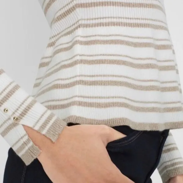 White House Black Market Cream Tan Striped Peplum Ribbed Knit Sweater Size Small - Image 4