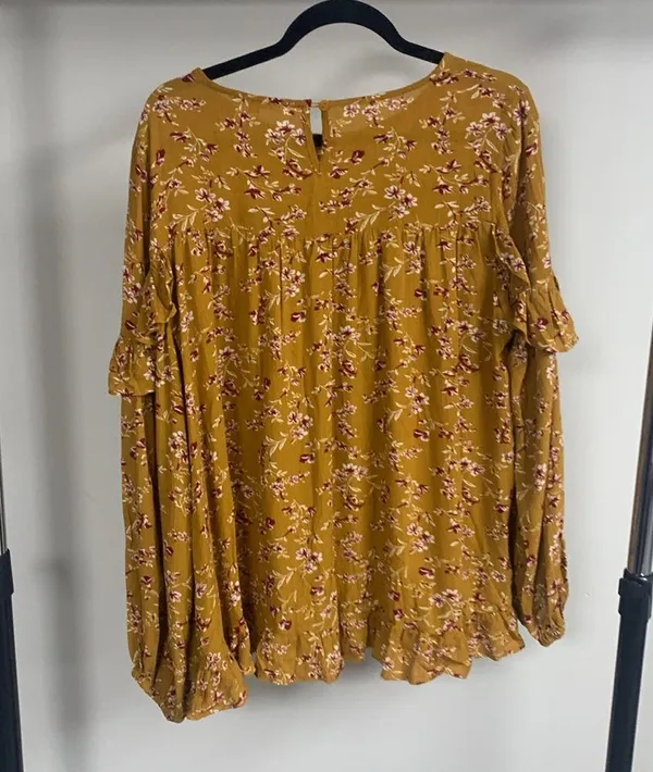 Easel Floral Mustard Yellow Ruffle Blouse Size M - Image 4