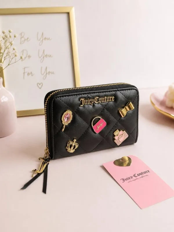 Juicy Couture Black Quilted Zip Wallet Gold Logo Charm Wristlet Y2K - Image 5
