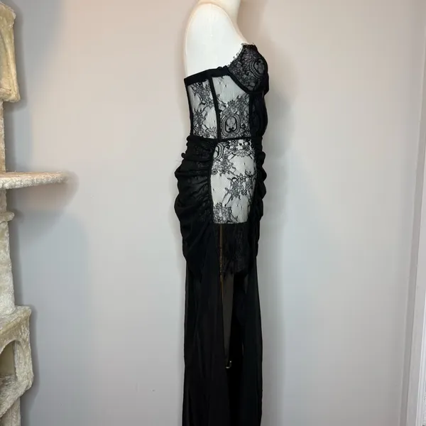 Sheer Black Strapless Lace Evening Gown - Image 2