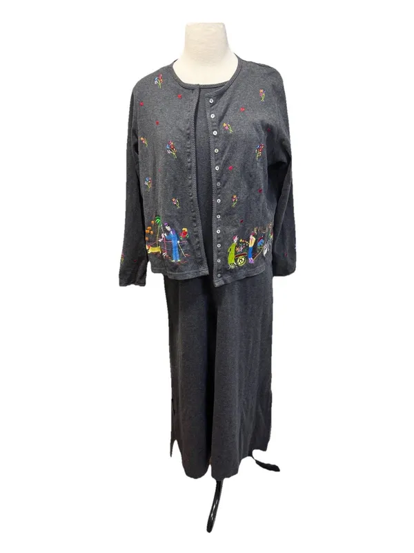 Marisa Christina Gray Maxi Dress M Floral Embroidery Cottagecore Modest Teacher - Image 3