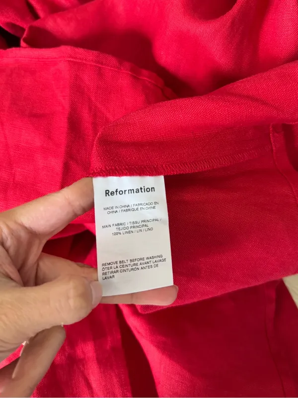 Reformation 4 NEW Tien Linen Dress Cherry Red Fitted Waist Puffy Holiday Belted - Image 6