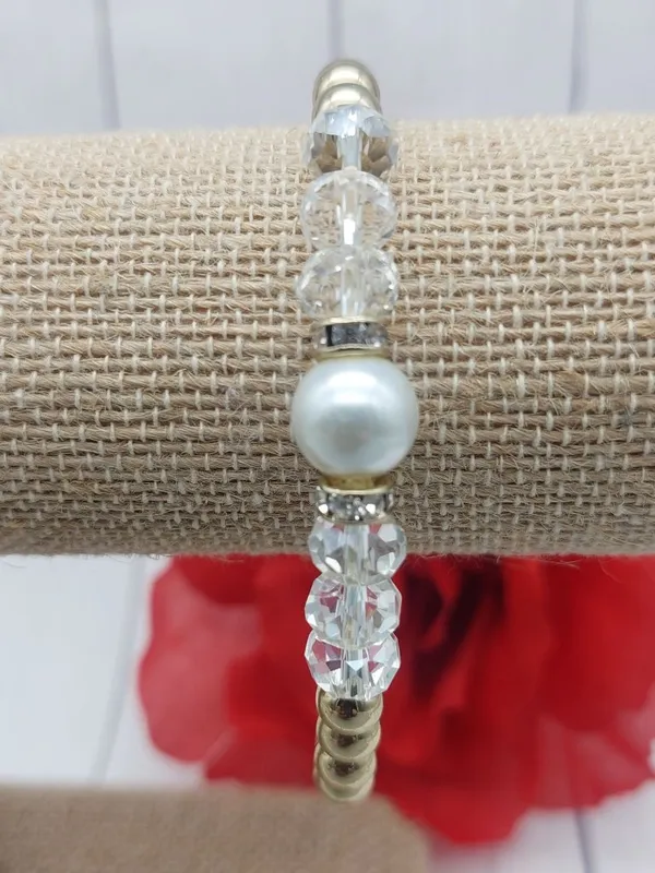 Faux Pearl Crystal Stretch Bracelets Lot of 2 Gold Tone Rhinestone Bridal - Image 12