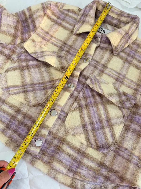 Zara Cream Purple Plaid Cropped Shacket Jacket Size S Fuzzy Cozy Fall Layer Preppy - Image 5