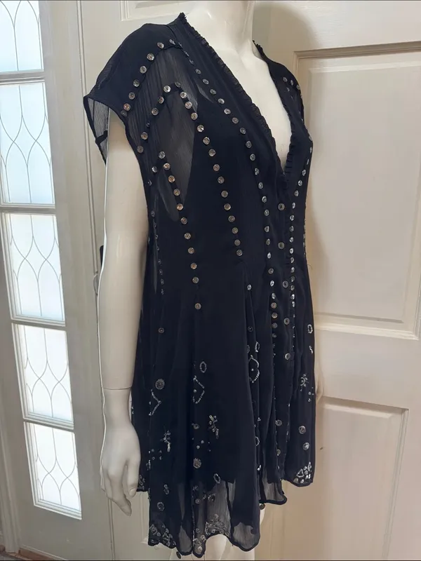 Free People Aston Black Studded Button-Front Sheer Tunic Dress Size Medium. A1 - Image 11