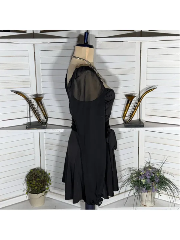 Lucy in the Sky black mini dress puff sheer sleeve plunge V cocktail homecoming - Image 4