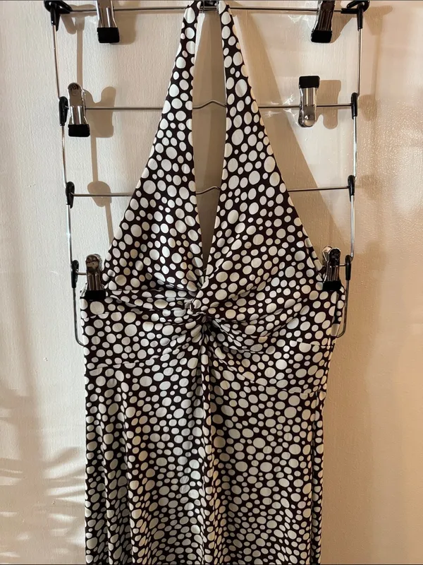 Maggy London 2000s Y2K Halter Polka Dot Maxi Dress in Brown & White Size 4 - Image 2