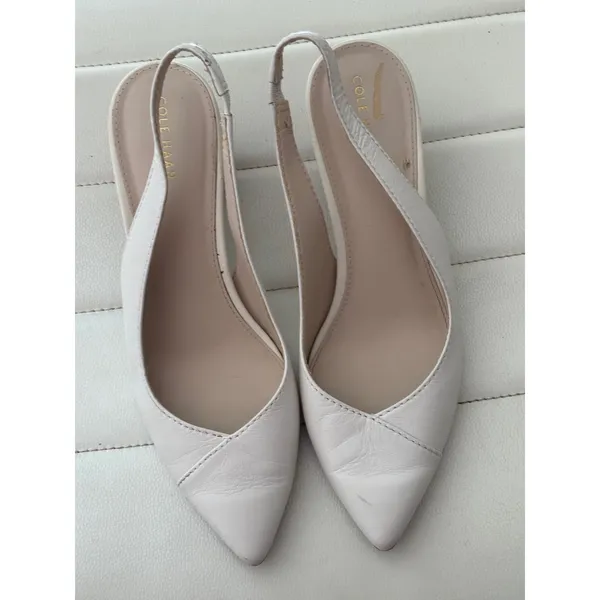Cole Haan Women Cream Leather Pointed Toe Slingback Block Heel Pumps Size 9 - Image 2