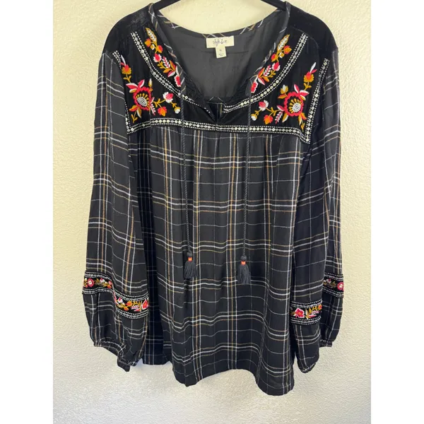 Style & Co Blouse Womens XL Plaid Embroidered Boho Peasant Tassel Velvet Top - Image 2