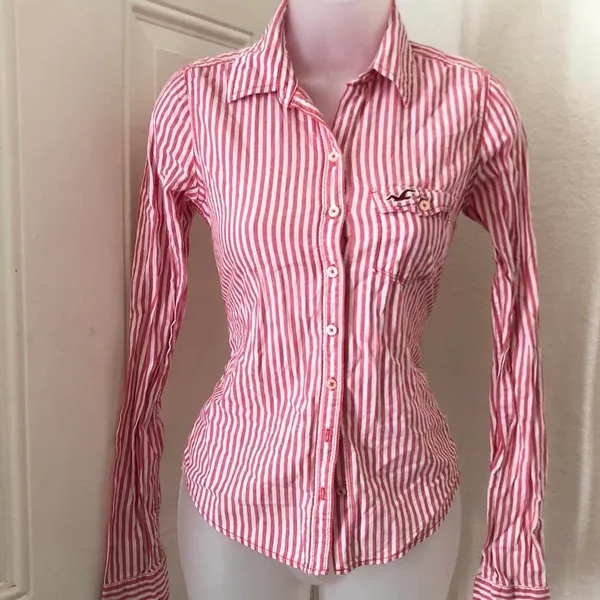 2000s Y2K Hollister Preppy Bloquette Academia Striped Logo Button Up Down Shirt Top Blouse Long Sleeve Pink White Schoolgirl Teacher College Professor University Measurement in pics - Image 2