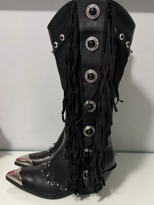 Black Fringed Western Knee-High Boots with Silver Accents - Image 9