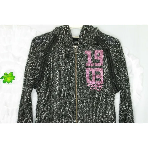 Harley Davidson Womens Hoodie Jacket Skull Chain Accent 1903 Size Medium Tweed - Image 3