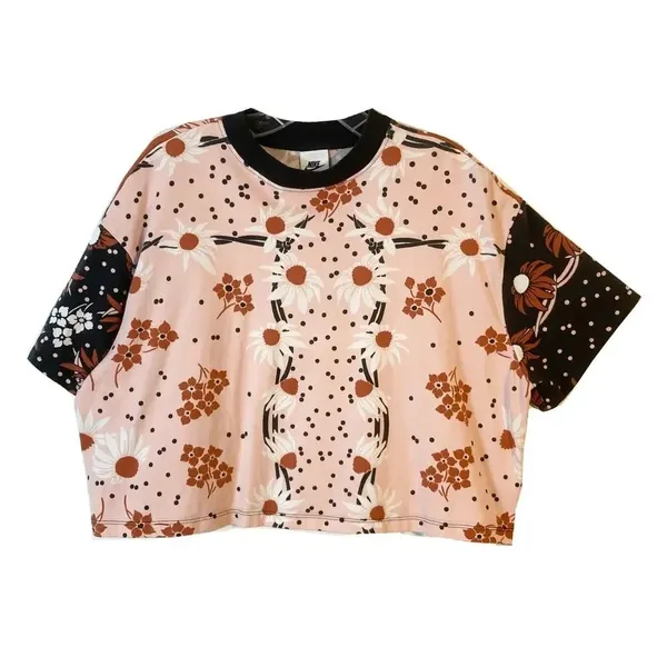 NIKE Top XL Floral Colorblock Pink Coral Logo Garden Party Jersey Cropped Tee - Image 2