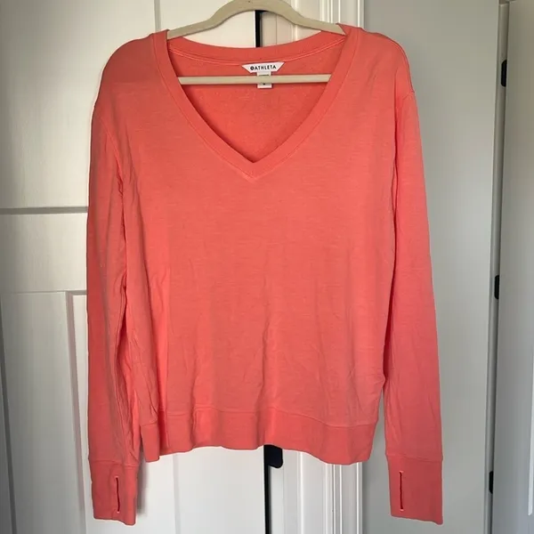 Athleta Sunrise V Neck Sweatshirt‎ Orange V Neck Pullover - Image 3