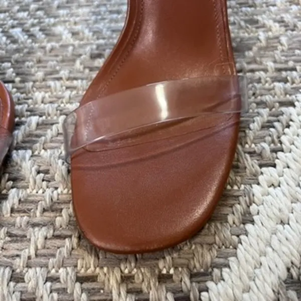 Larroudé Gloria Sandal In Caramel Leather and Vinyl Sz 8.5 - Image 4