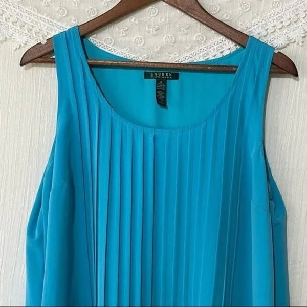 Lauren Ralph Lauren Dress Womens 14 Turquoise Blue Pintuck Sleeveless Pockets - Image 3
