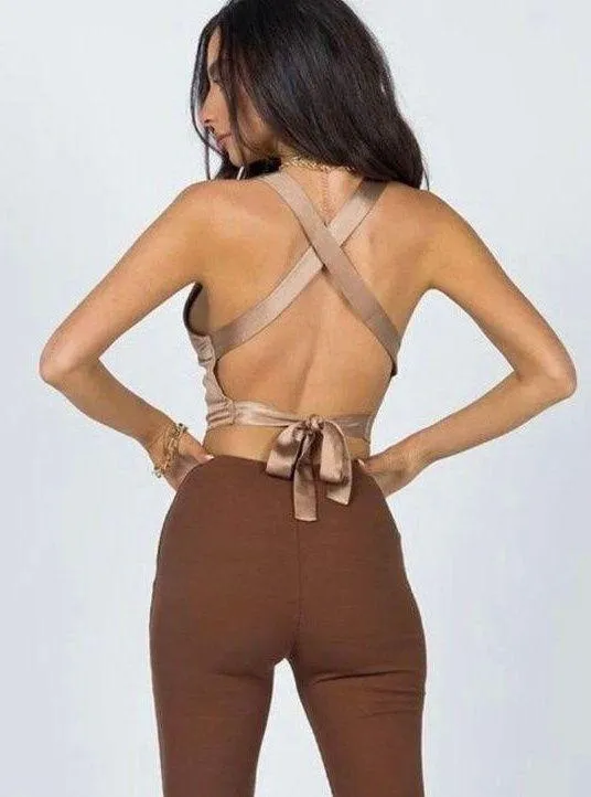 Silk Brown Nude Tie Crop Top - Image 3