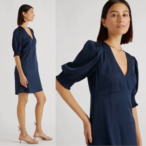 Quince • Washable Stretch Silk Puff Sleeve Mini Dress navy blue v neck - Image 6