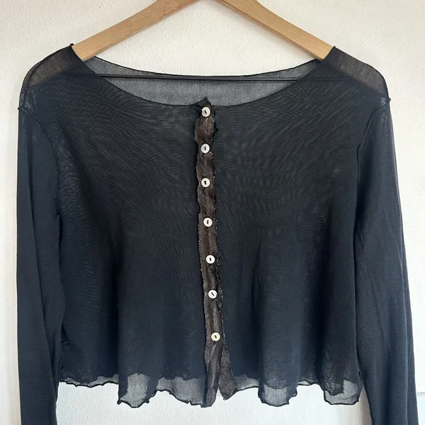 Vintage Y2K Sheer Mesh Black Cropped Cardigan Top Lettuce Hem Vamp Goth Witchy - Image 7