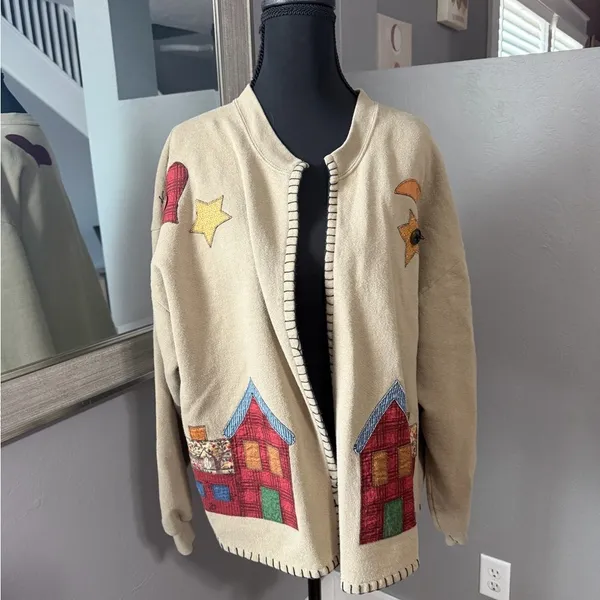 Jerzees VTG Cottagecore Granny Twee Patchwork Farmhouse Beige Cardigan Large. - Image 2