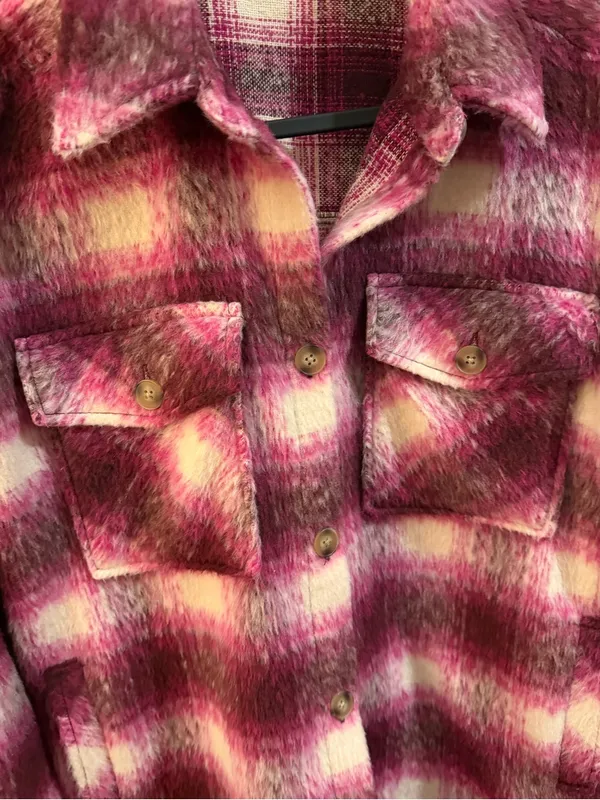Express Pink Plaid Brushed Shacket - Image 3