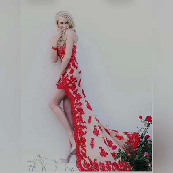 Sherri Hill 21016 Red/Nude Beaded High-Low Gown - Size 8. EUC! Like new! - Image 4