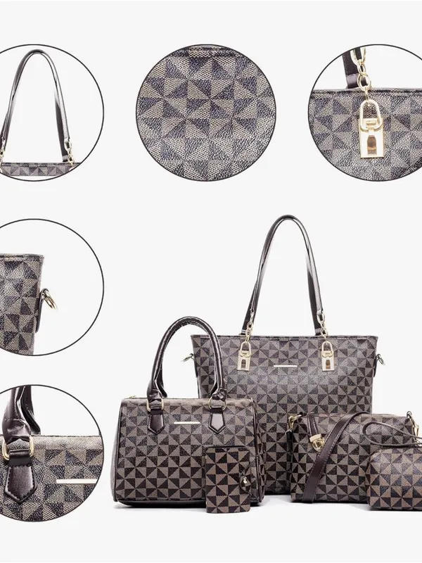 Women's Fashion 5-Piece Brown Plaid Satchel Handbag Set AT6 - Image 4
