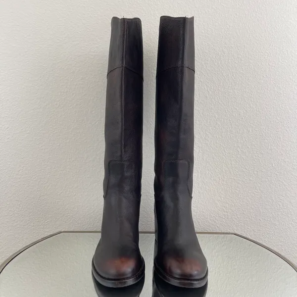 Dark Brown Red Leather Loretta Tall Knee High Riding Heeled Boots - Image 9