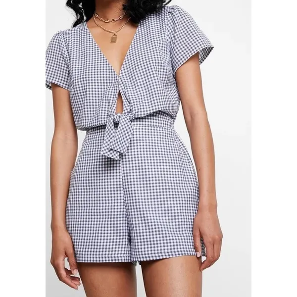 Abercrombie & Fitch Navy White Gingham Tie Front Cutout Romper XS Cotton - Image 3