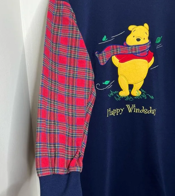 Vintage 90s Pooh Bear Nightgown One Size Happy Windsday Flannel Sleeves Blue - Image 3