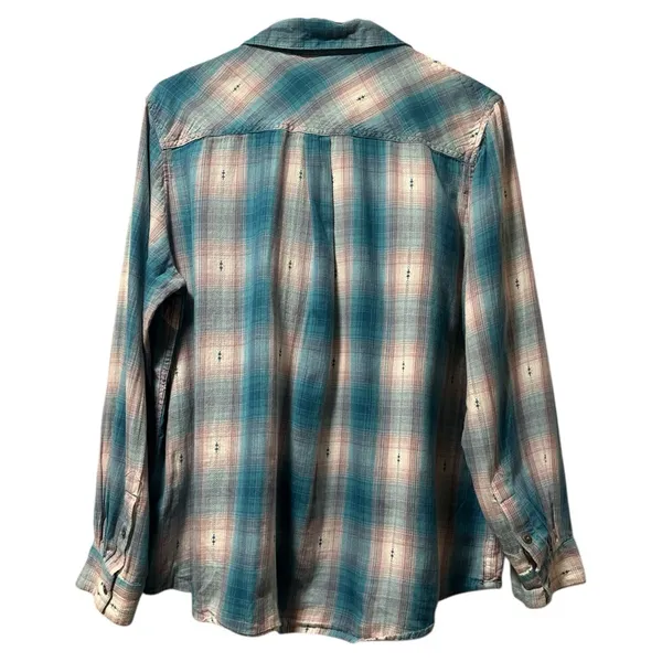 Ariat REAL Women’s Relaxed Plaid Western Shirt L 100% Cotton Teal Pink Button - Image 5