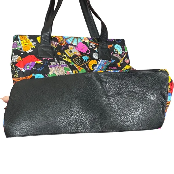 VTG 1991 Nicole Miller Paris France French‎ Themed 100% Silk Tote Bag Leather - Image 3
