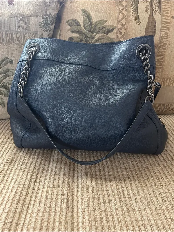 Coach Edie Turnlock Dark Navy Blue Pebbled Leather Shoulder Bag w/ Chain Straps - Image 2