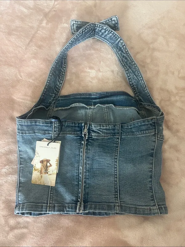Sincerely Jules Denim Halter Crop Top - Blue - Image 4
