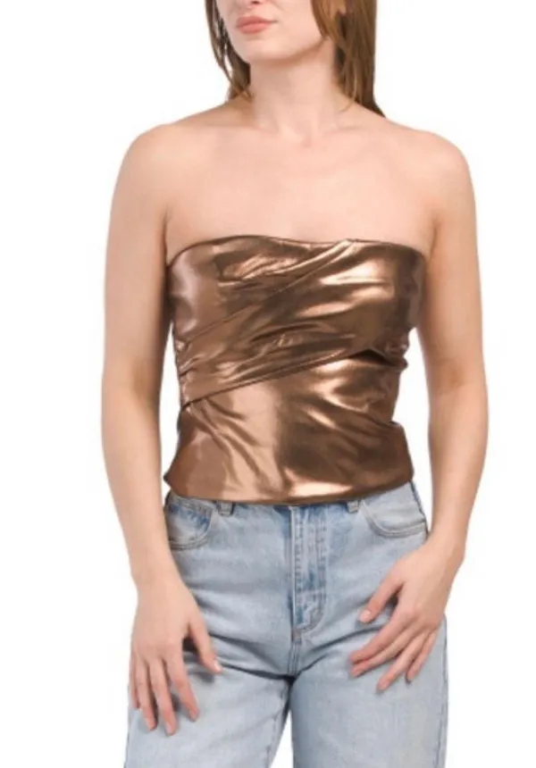 ZARA Metallic Bronze Ruched Tapered Strapless Top - Image 2