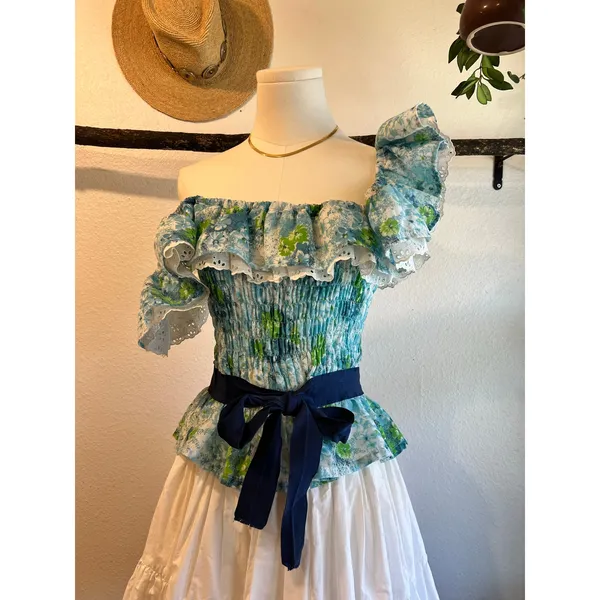 Vintage Handmade Blue Green Floral Print Lace Trim Bow Peplum Top Size Small - Image 7
