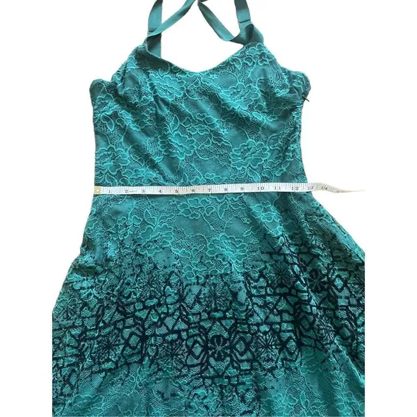 Free People Strap Mini Flare‎ Dress Green Floral Lace Black Velvety Detail - Image 7