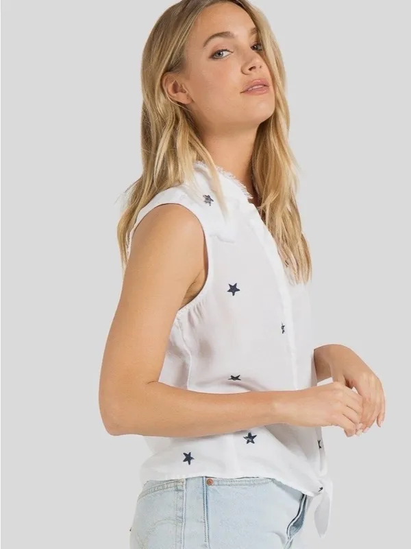 Cloth‎ & Stone Sleeveless White Star-Print Tie-Front Top size M - Image 2
