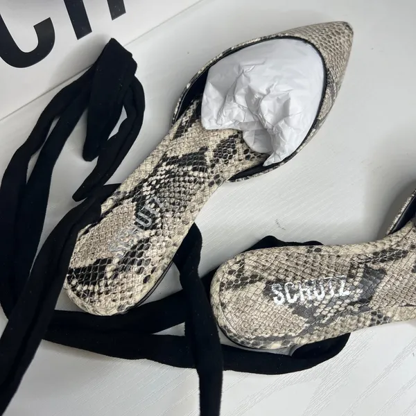 Schutz Barbrah Flat Snake Print Ankle Wrap Pointed Toe Shoes Natural Black 7.5B - Image 4