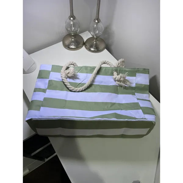 Sage Green and White Striped Canvas‎ Beach Tote Bag with Rope Handles Zip Top - Image 8