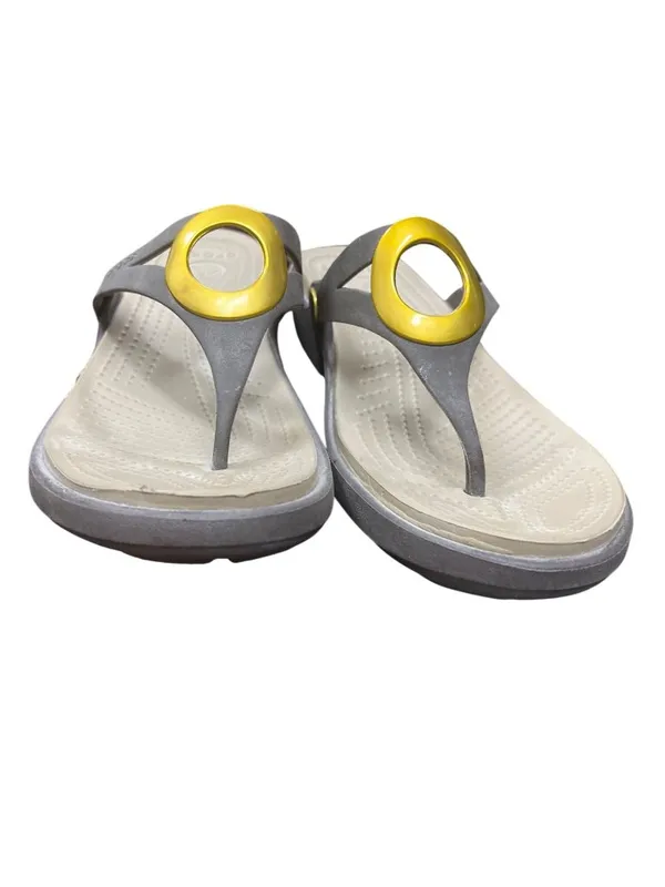 Crocs wms gray faux leather gold ring peep toe sling sandals sz 9W SKU 10-278 - Image 10