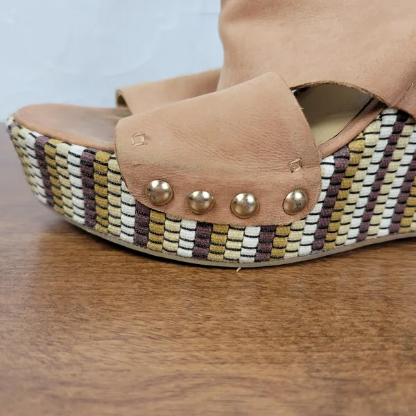 Nine West Womens Jaimy Sandals 7 Tan Leather Open Toe Cork Platform Wedge Heels - Image 12