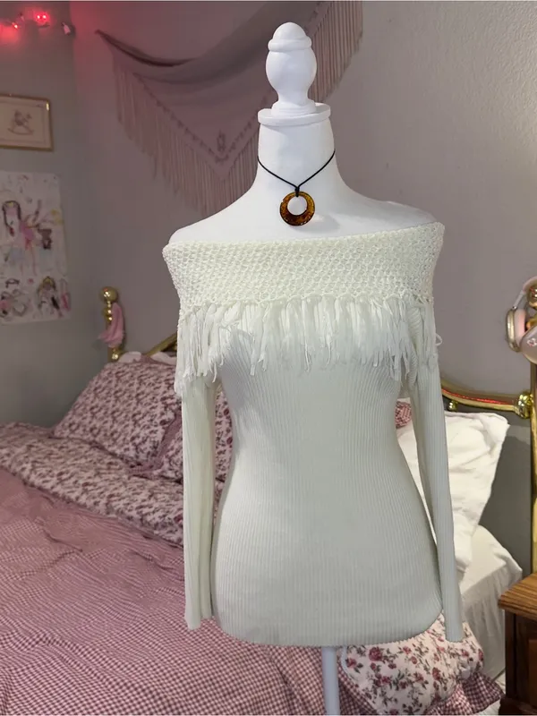 Y2K Off-Shoulder Fringe Knit Sweater - Ivory - Image 4