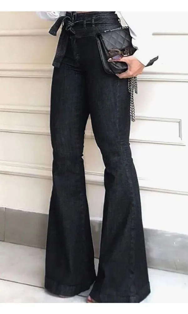 NEW High Waisted Bell Bottom Jean Denim Wide Leg Belted XL Long - Image 7