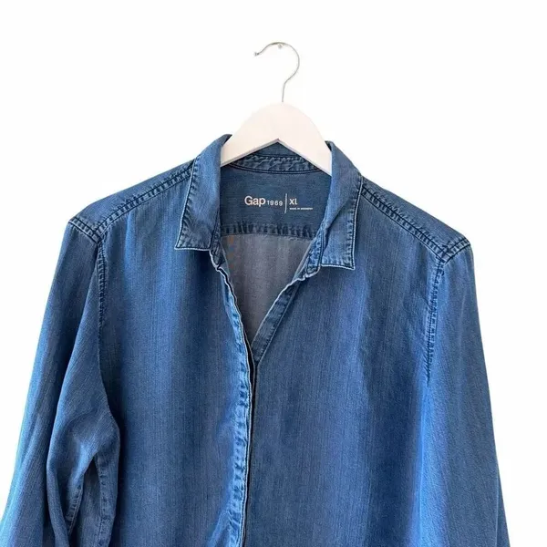 Gap 1969 100% Lyocell Medium Indigo Long Tunic Sleeves Button Down SZ XL #2578 - Image 2