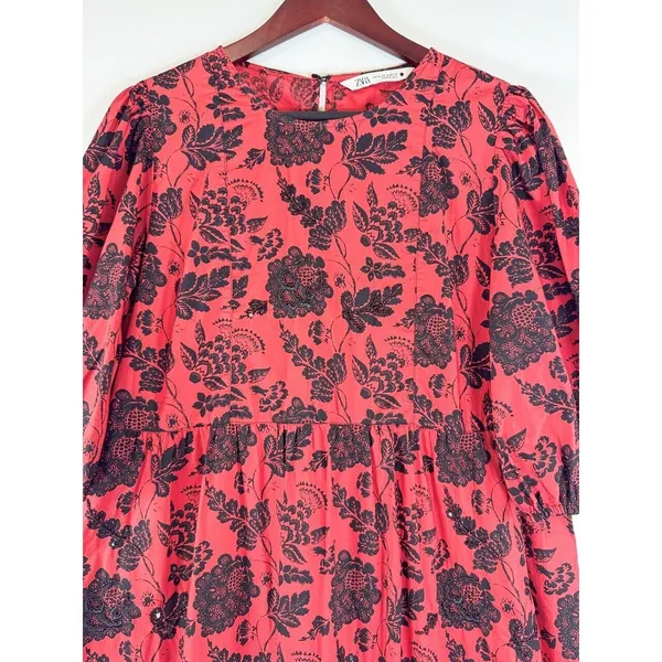 ZARA Womens Dress Red Midi Floral Shift Sequin Tiered 3/4 Sleeve Boho Medium - Image 7